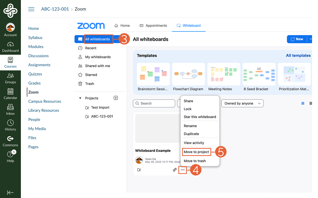All whiteboards page selected and move to project highlighted from the more options menu to move a whiteboard within the Zoom page in a Canvas course.