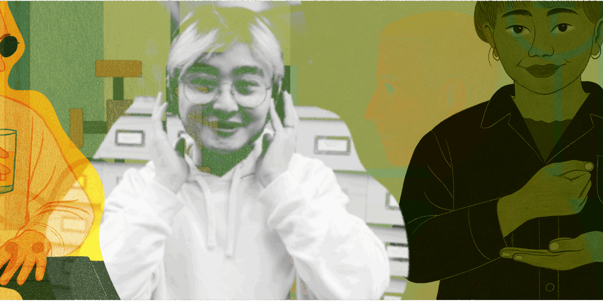 A composite, translucent illustration of three diverse students wearing headphones, sunglasses, and using sign language, representing a range of sensory and communication needs.