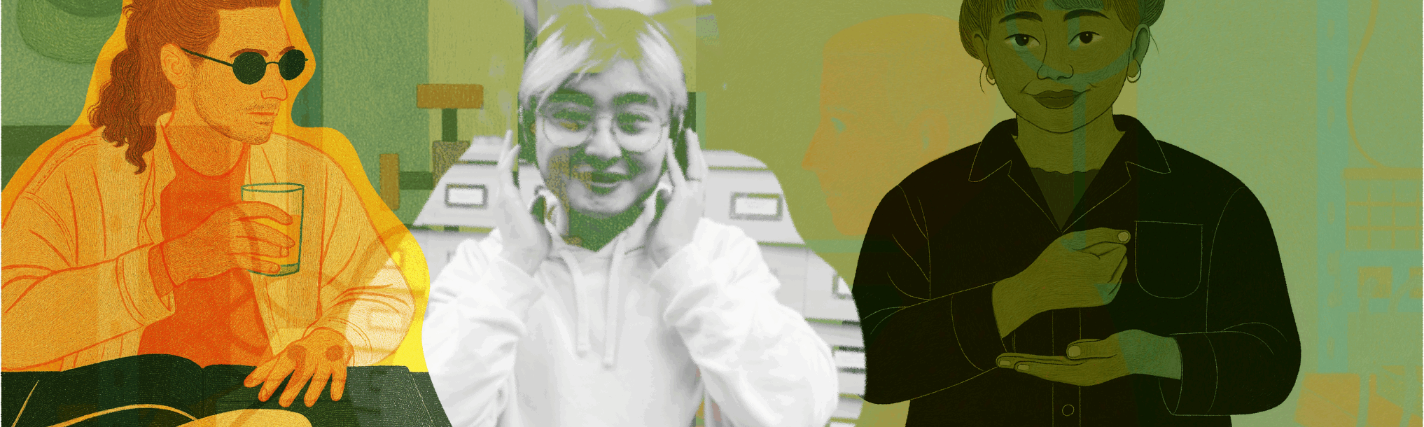 A composite, translucent illustration of three diverse students wearing headphones, sunglasses, and using sign language, representing a range of sensory and communication needs.