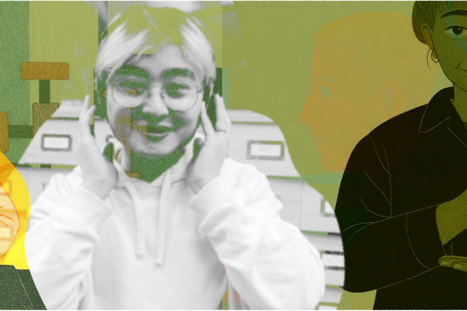 A composite, translucent illustration of three diverse students wearing headphones, sunglasses, and using sign language, representing a range of sensory and communication needs.