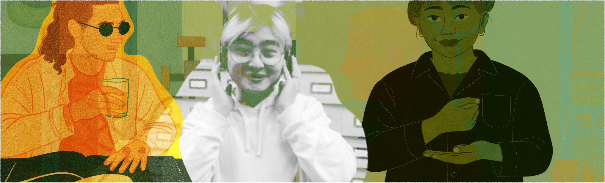 A composite, translucent illustration of three diverse students wearing headphones, sunglasses, and using sign language, representing a range of sensory and communication needs.
