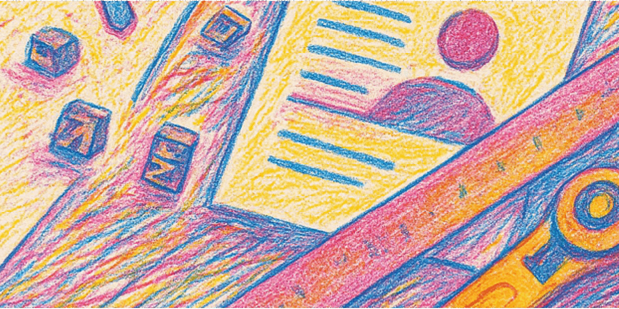 A vibrant, textured colored-pencil illustration of rulers, pencils, and structured documents with grid and circular motifs in pink, blue, and yellow.