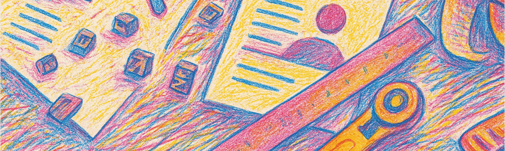 A vibrant, textured colored-pencil illustration of rulers, pencils, and structured documents with grid and circular motifs in pink, blue, and yellow.