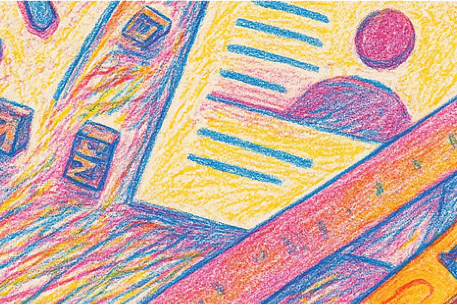 A vibrant, textured colored-pencil illustration of rulers, pencils, and structured documents with grid and circular motifs in pink, blue, and yellow.
