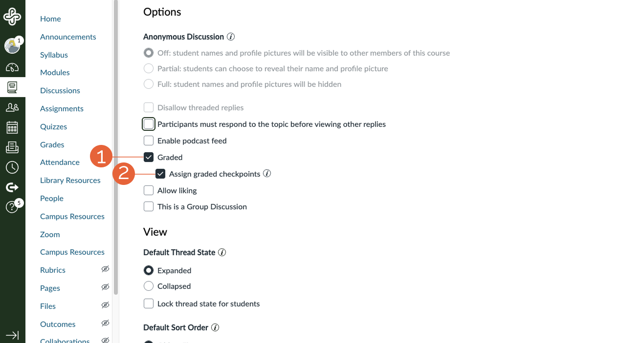 Edit discussion pane with (1) Graded checkbox and (2) Assign graded checkpoints checkbox selected.