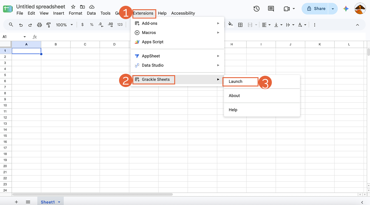 A Google Sheet with the extensions menu in focus. The extensions menu, Grackle Sheets, and launch options are highlighted