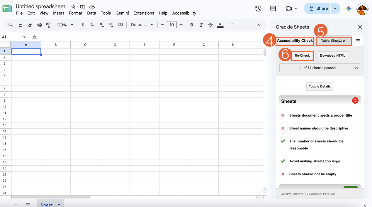 A Google Sheet with the Grackle Sheets sidebar in focus. The Grackle accessibility check tab, sheets structure tab, and re-check button are highlighted.