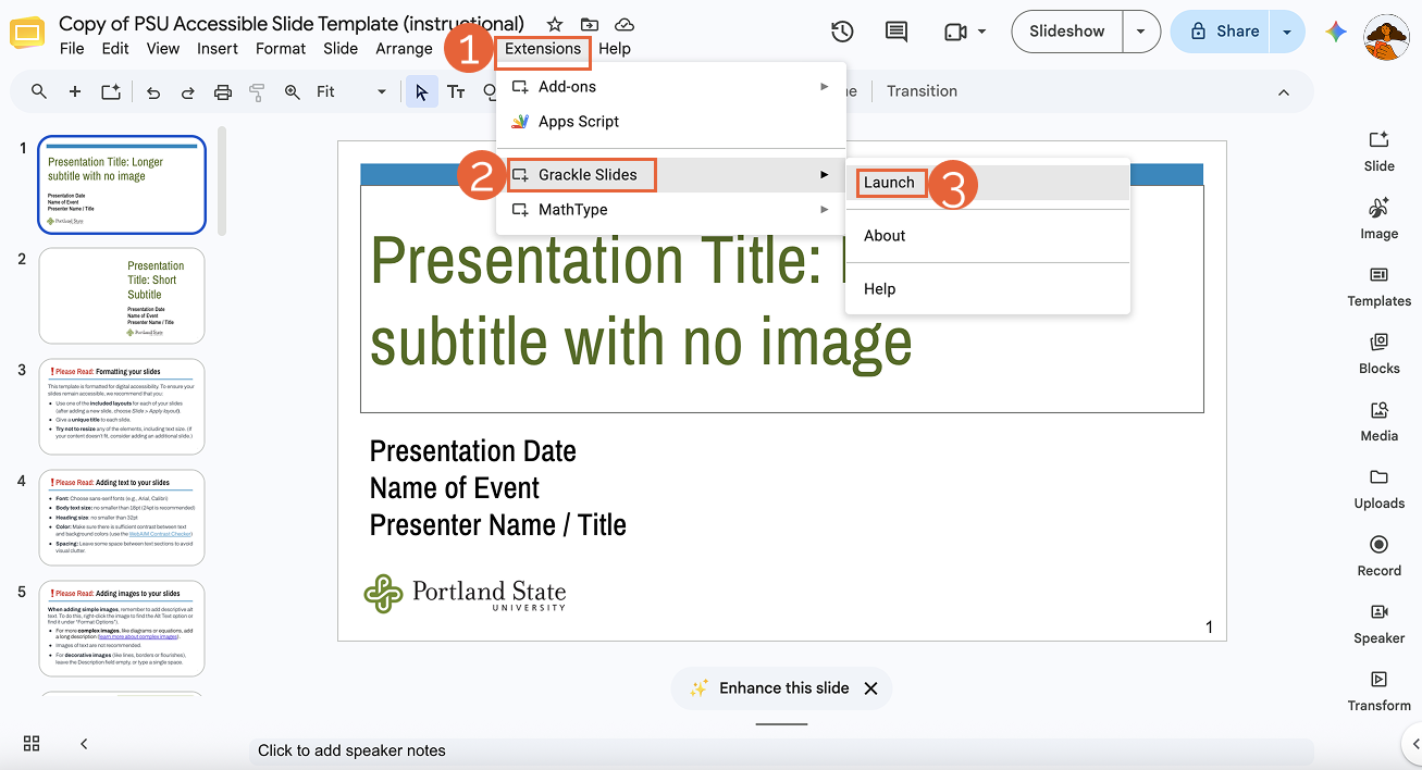 A Google Slides presentation with the extensions menu in focus. The extensions menu, Grackle Slides, and launch options are highlighted.