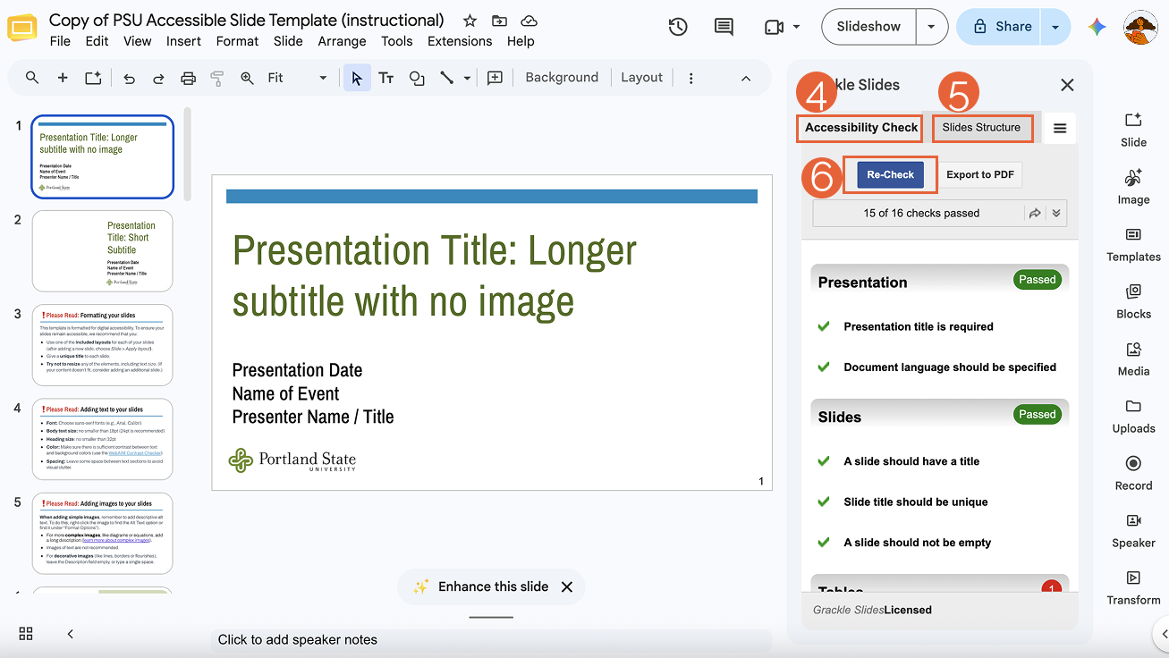 A Google Slides presentation with the Grackle Slides sidebar in focus. The Grackle accessibility check tab, Slides structure tab, and re-check button are highlighted.