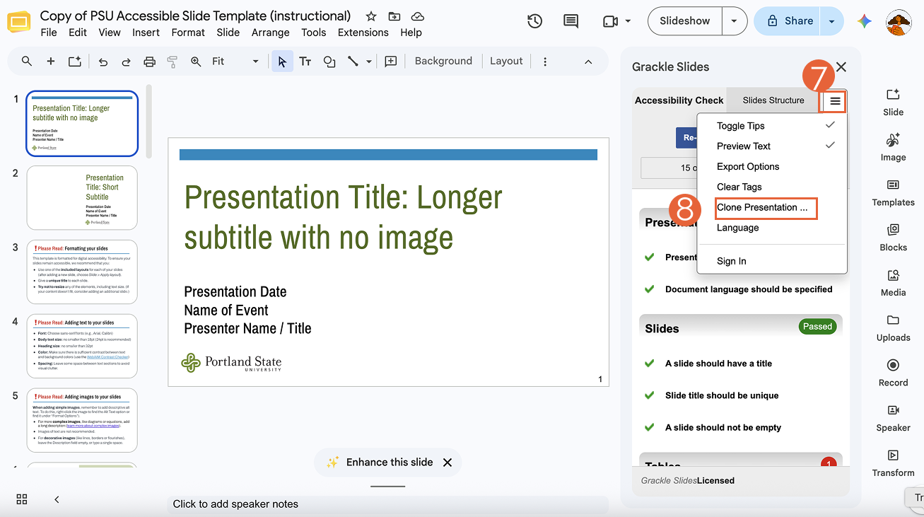 A Google Slides presentation with the Grackle Slides sidebar in focus. The Grackle hamburger menu and clone document are highlighted.