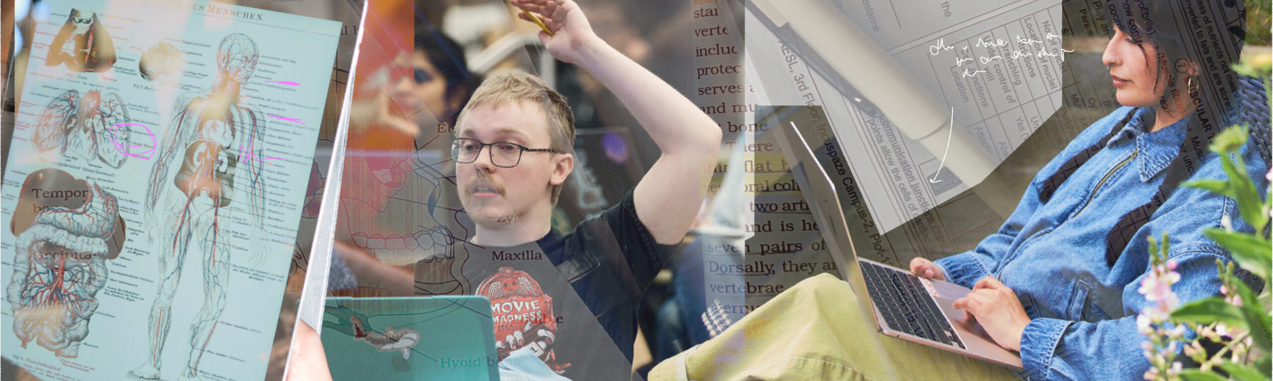 Collage of a student marking an anatomy diagram on a transparent board and another student using a laptop outdoors, overlaid with highlighted text and handwritten annotations.
